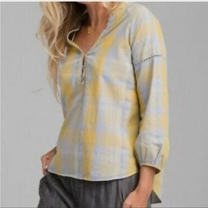 Prana Elena Popover Yellow & Blue Plaid Blouse Size Medium